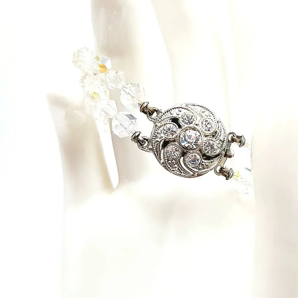 Vintage 1950s Wedding Bracelet, Aurora Borealis Crystal Beads, Rhinestone Clasp